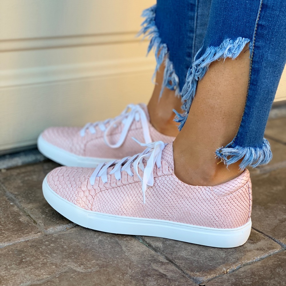 Blush Snake Embossed Low Top Lace Up Sneakers - Picture 2 of 7